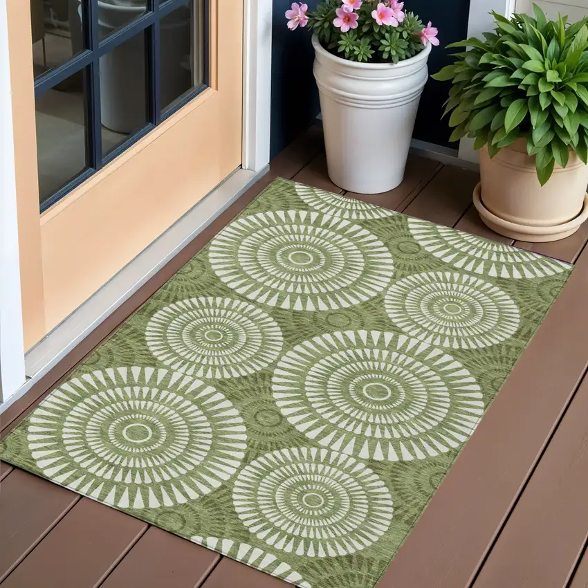 Green And Ivory Geometric Washable Indoor Outdoor Area Rug Photo 1