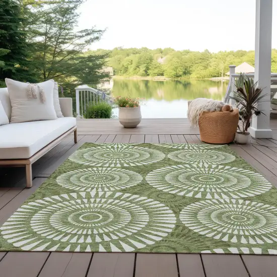 Green And Ivory Geometric Washable Indoor Outdoor Area Rug Photo 7