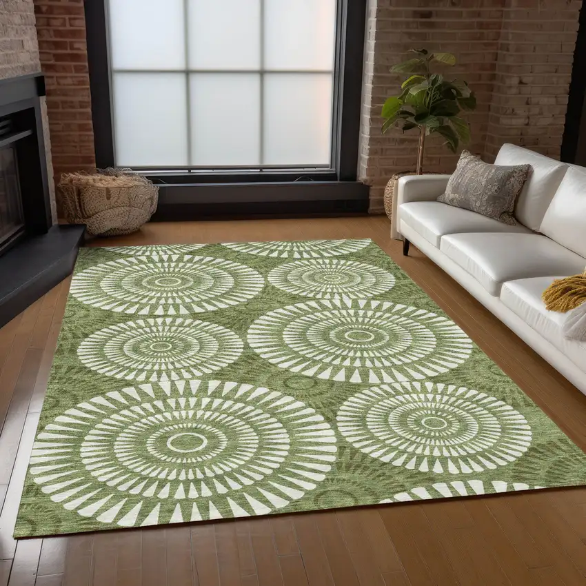 Green And Ivory Geometric Washable Indoor Outdoor Area Rug Photo 9