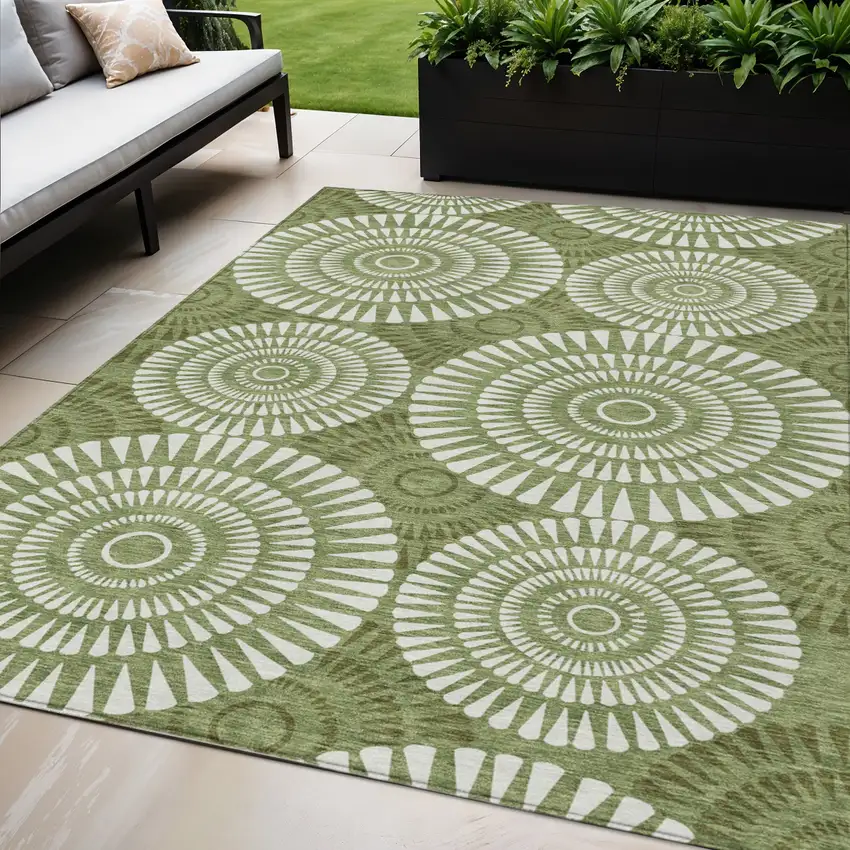 Green And Ivory Geometric Washable Indoor Outdoor Area Rug Photo 1