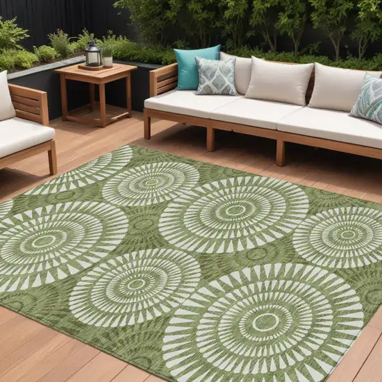 Green And Ivory Geometric Washable Indoor Outdoor Area Rug Photo 1