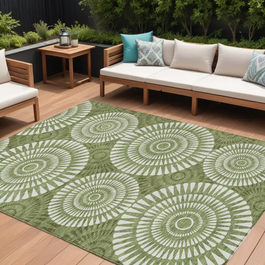Green And Ivory Geometric Washable Indoor Outdoor Area Rug Photo 1