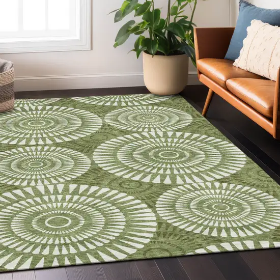 Green And Ivory Geometric Washable Indoor Outdoor Area Rug Photo 9