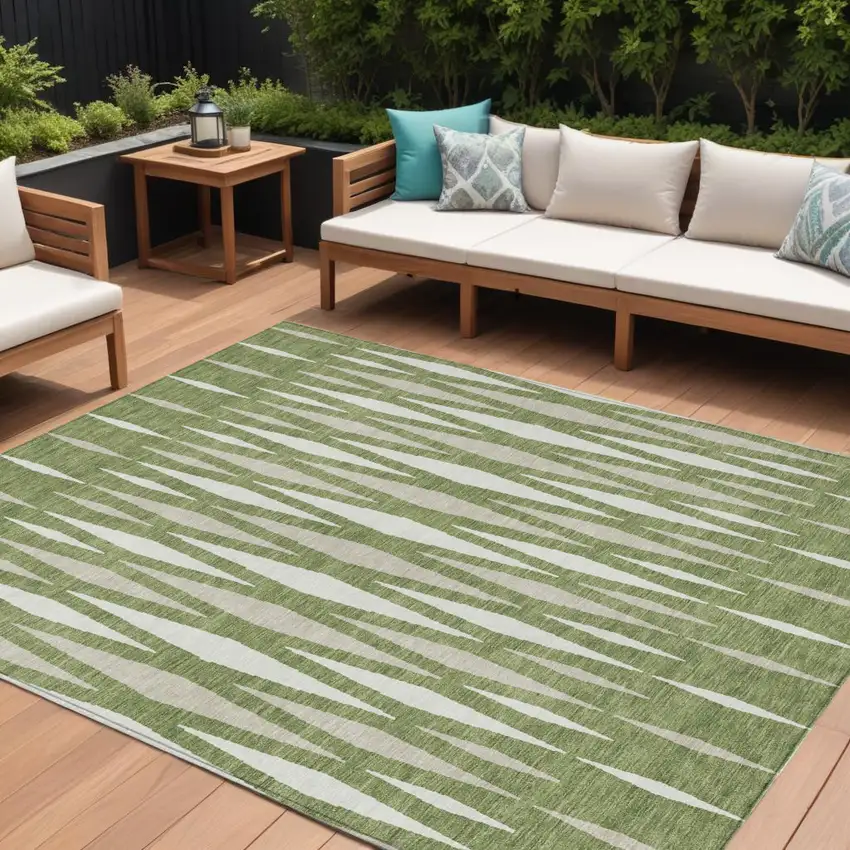 Green And Ivory Geometric Washable Indoor Outdoor Area Rug Photo 1