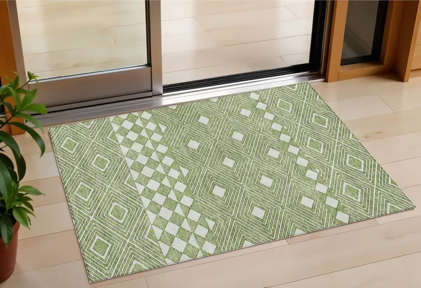 Green And Ivory Geometric Washable Indoor Outdoor Area Rug Photo 1