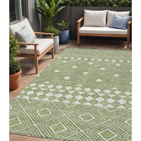 Green And Ivory Geometric Washable Indoor Outdoor Area Rug Photo 1