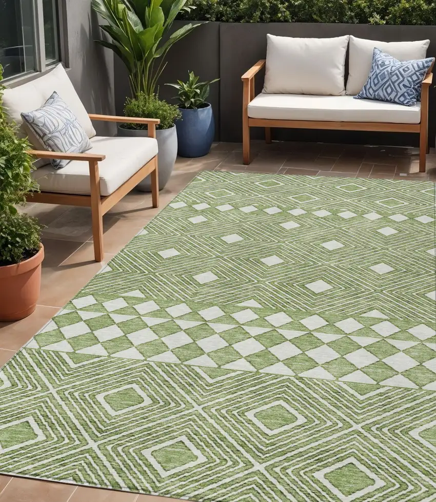 Green And Ivory Geometric Washable Indoor Outdoor Area Rug Photo 1