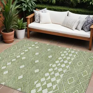 Photo of Green And Ivory Geometric Washable Indoor Outdoor Area Rug