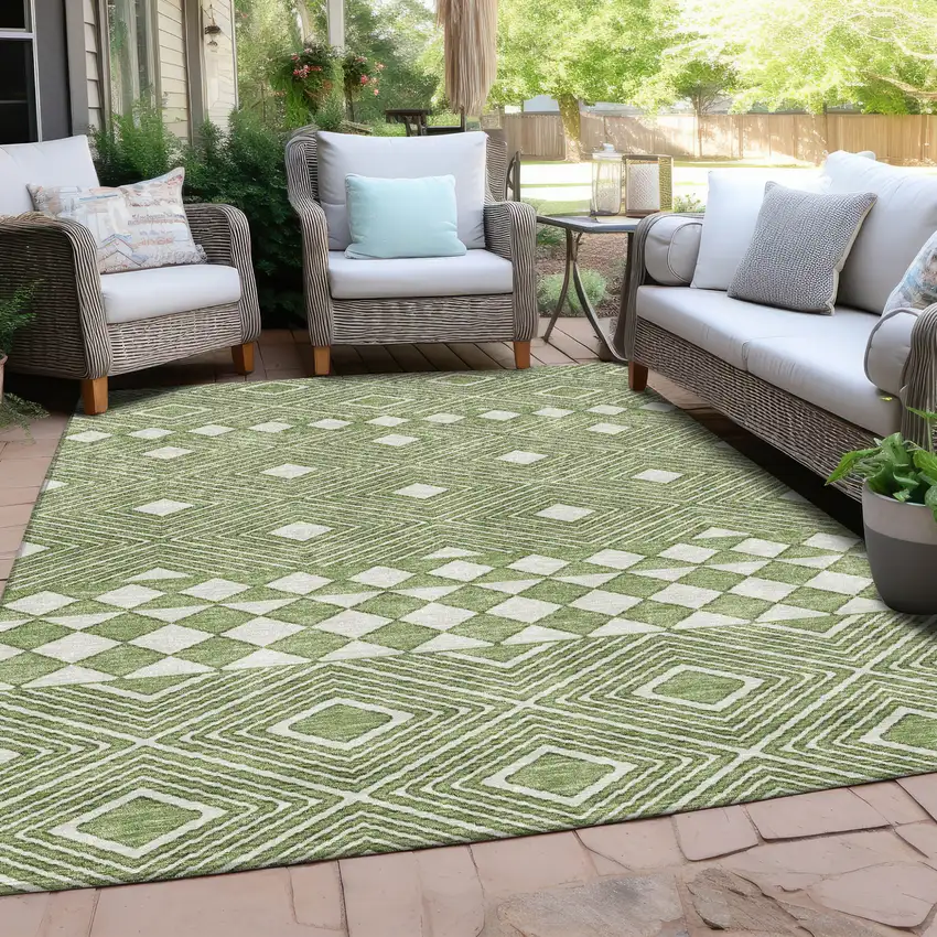 Green And Ivory Geometric Washable Indoor Outdoor Area Rug Photo 8