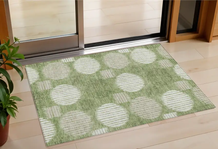Green And Ivory Geometric Washable Indoor Outdoor Area Rug Photo 1