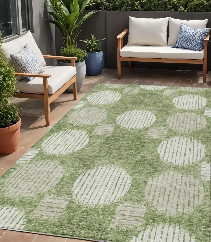 Green And Ivory Geometric Washable Indoor Outdoor Area Rug Photo 1