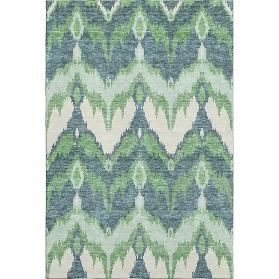 Green And Ivory Ikat Washable Area Rug With UV Protection Photo 1