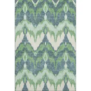 Photo of Green And Ivory Ikat Washable Area Rug With UV Protection