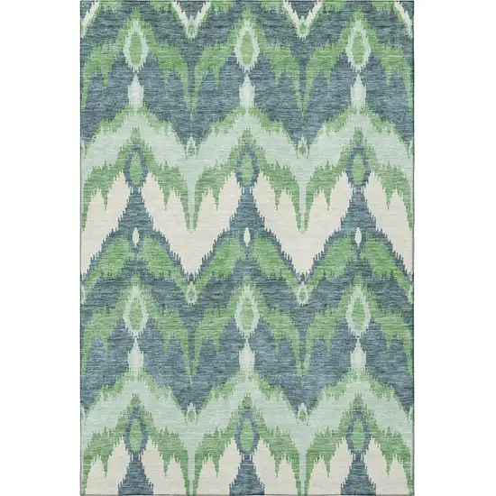 Green And Ivory Ikat Washable Area Rug With UV Protection Photo 3