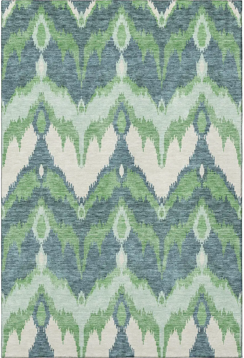Green And Ivory Ikat Washable Area Rug With UV Protection Photo 3