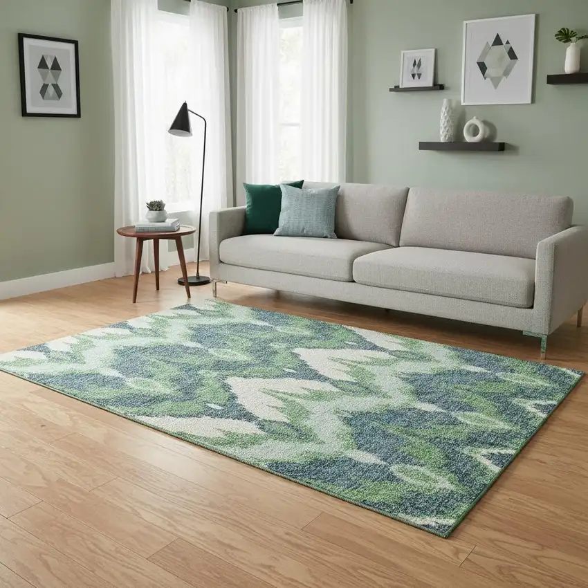 Green And Ivory Ikat Washable Area Rug With UV Protection Photo 2