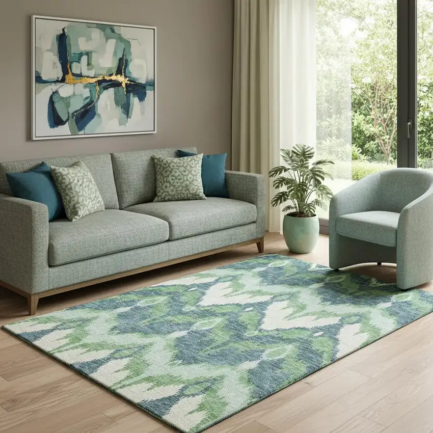 Green And Ivory Ikat Washable Area Rug With UV Protection Photo 1