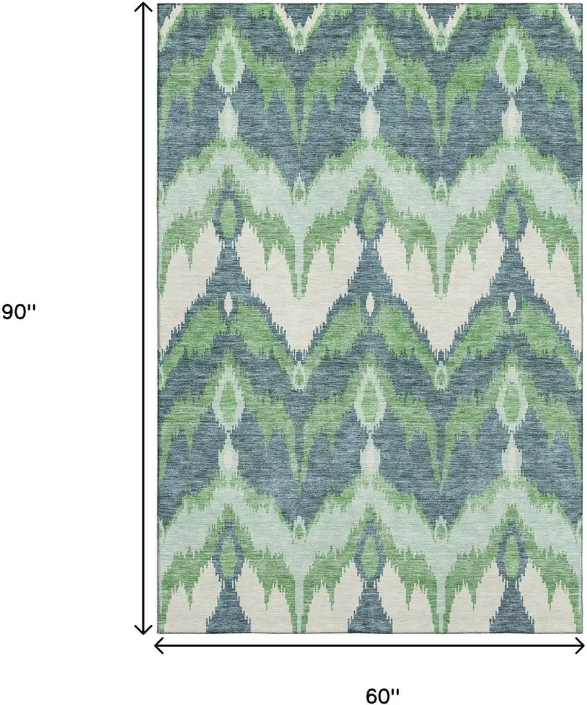 Green And Ivory Ikat Washable Area Rug With UV Protection Photo 3