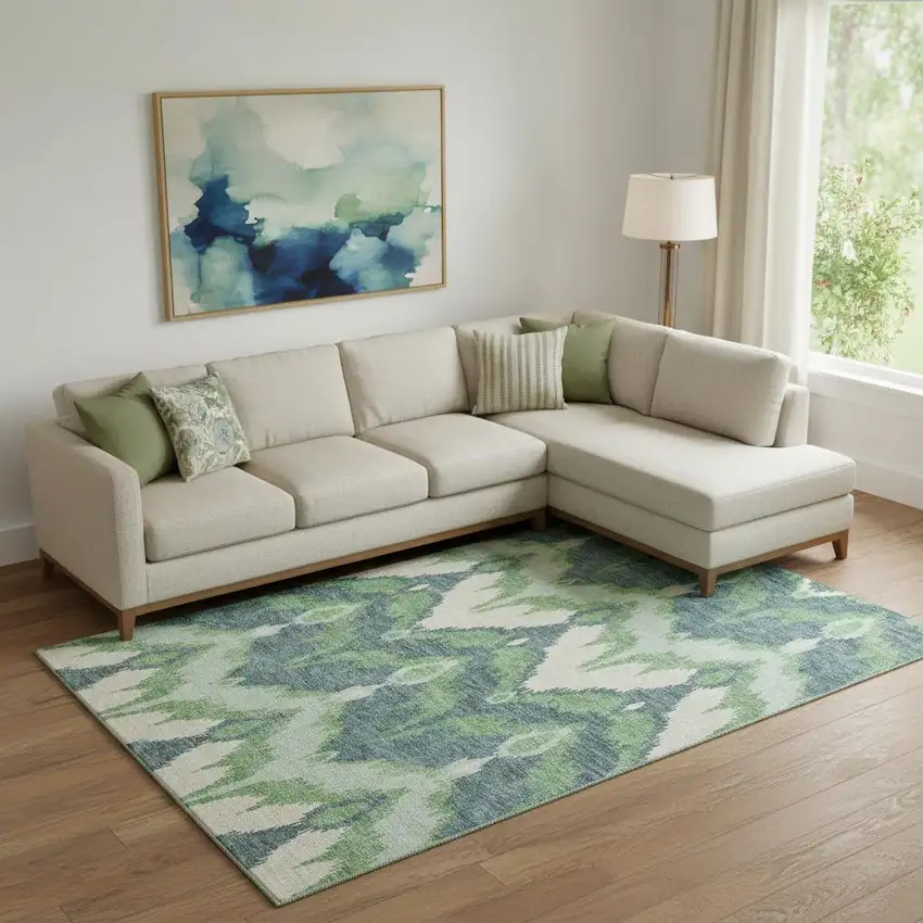 Green And Ivory Ikat Washable Area Rug With UV Protection Photo 1