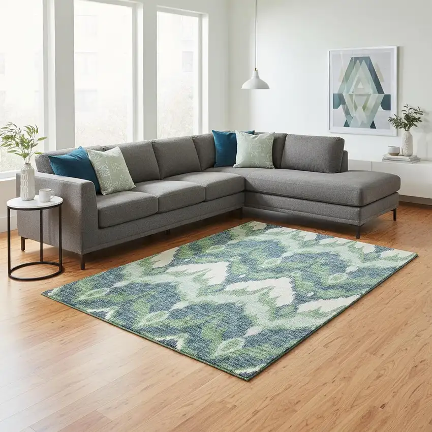 Green And Ivory Ikat Washable Area Rug With UV Protection Photo 2