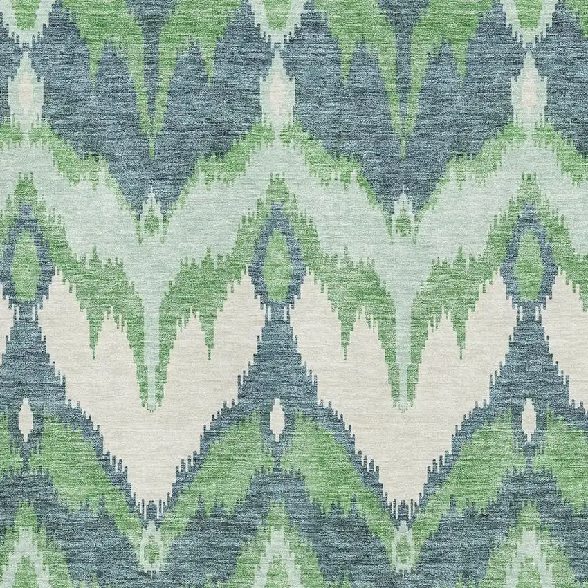 Green And Ivory Ikat Washable Area Rug With UV Protection Photo 3