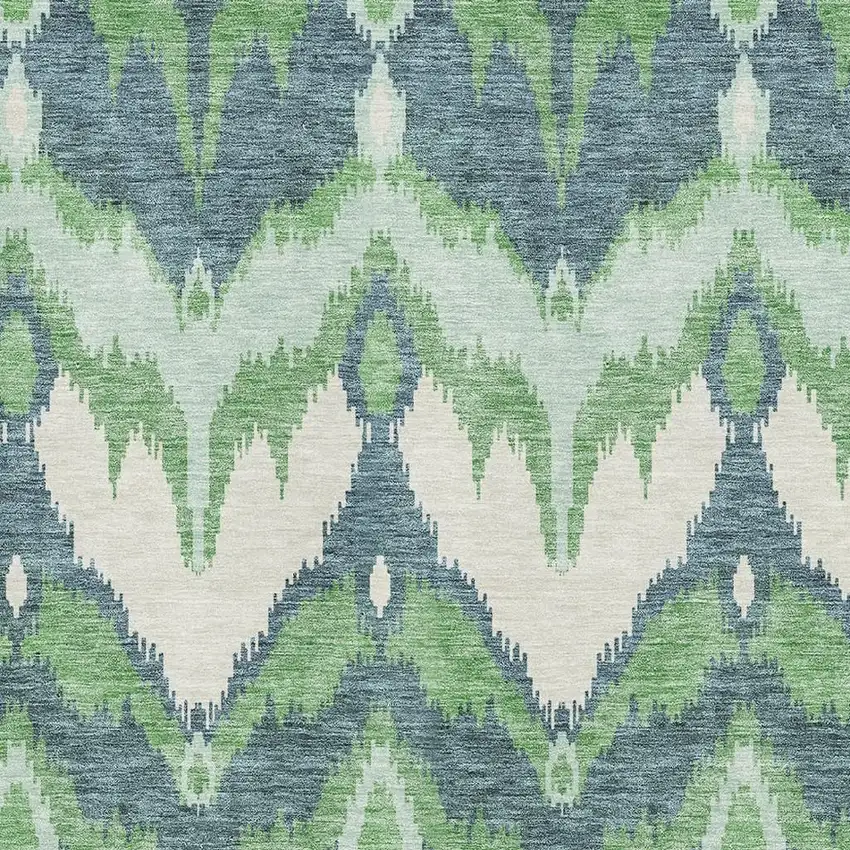 Green And Ivory Ikat Washable Area Rug With UV Protection Photo 3