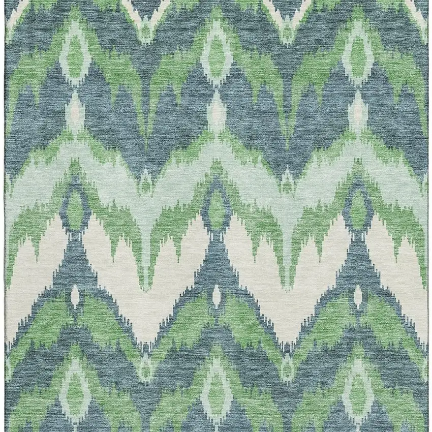 Green And Ivory Ikat Washable Area Rug With UV Protection Photo 4