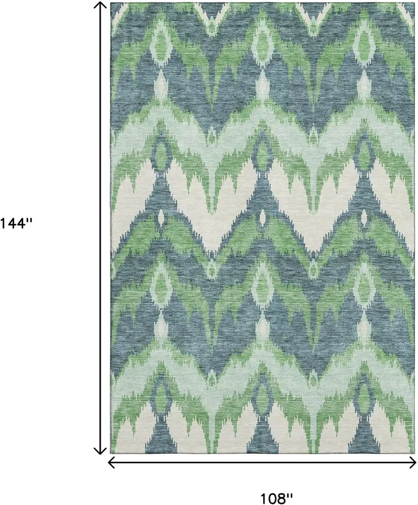Green And Ivory Ikat Washable Area Rug With UV Protection Photo 4