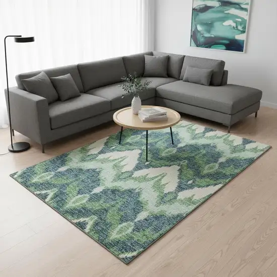 Green And Ivory Ikat Washable Area Rug With UV Protection Photo 2