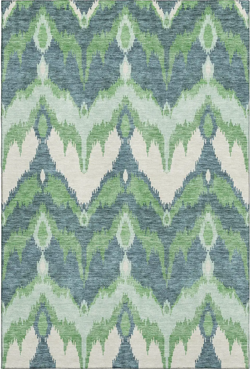 Green And Ivory Ikat Washable Area Rug With UV Protection Photo 1