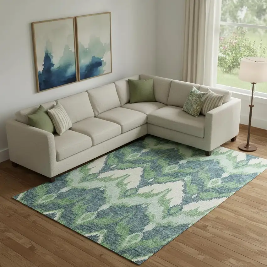 Green And Ivory Ikat Washable Area Rug With UV Protection Photo 3