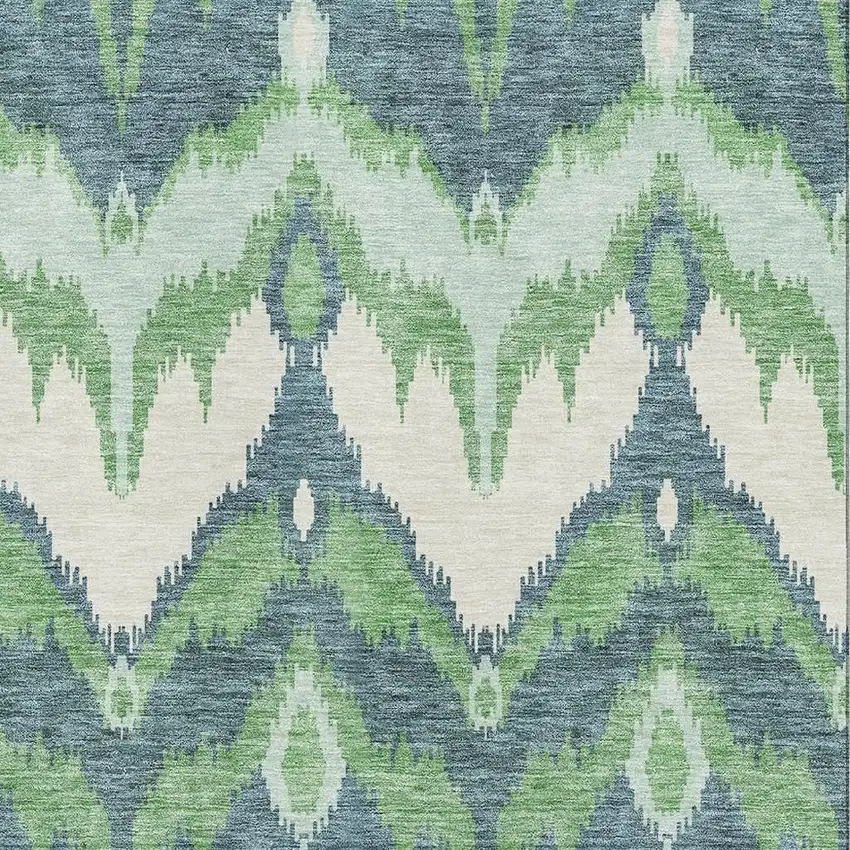 Green And Ivory Ikat Washable Area Rug With UV Protection Photo 3