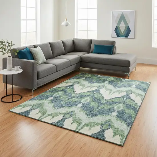 Green And Ivory Ikat Washable Area Rug With UV Protection Photo 2