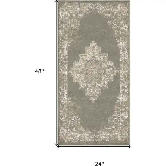 Green And Ivory Medallion Distressed Area Rug Photo 4