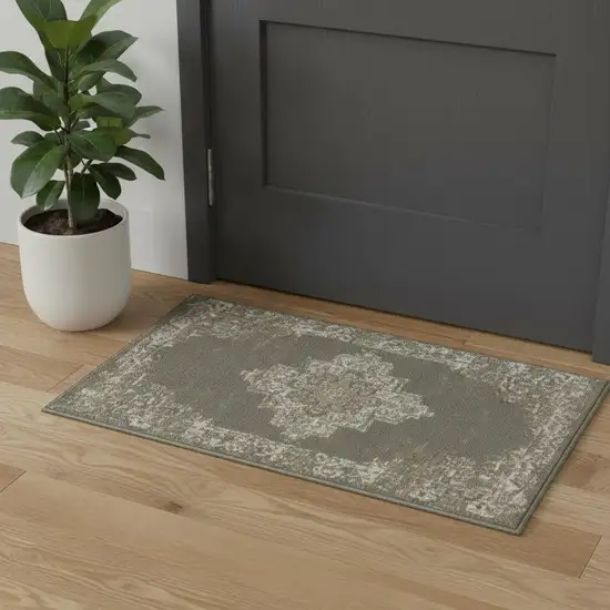 Green And Ivory Medallion Distressed Area Rug Photo 2