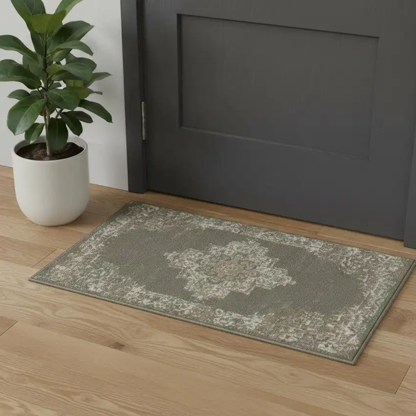 Green And Ivory Medallion Distressed Area Rug Photo 2