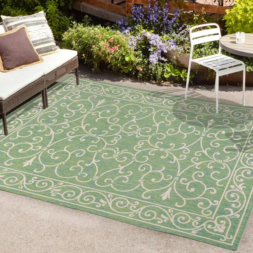 Green And Ivory Medallion Indoor Outdoor Area Rug Photo 8