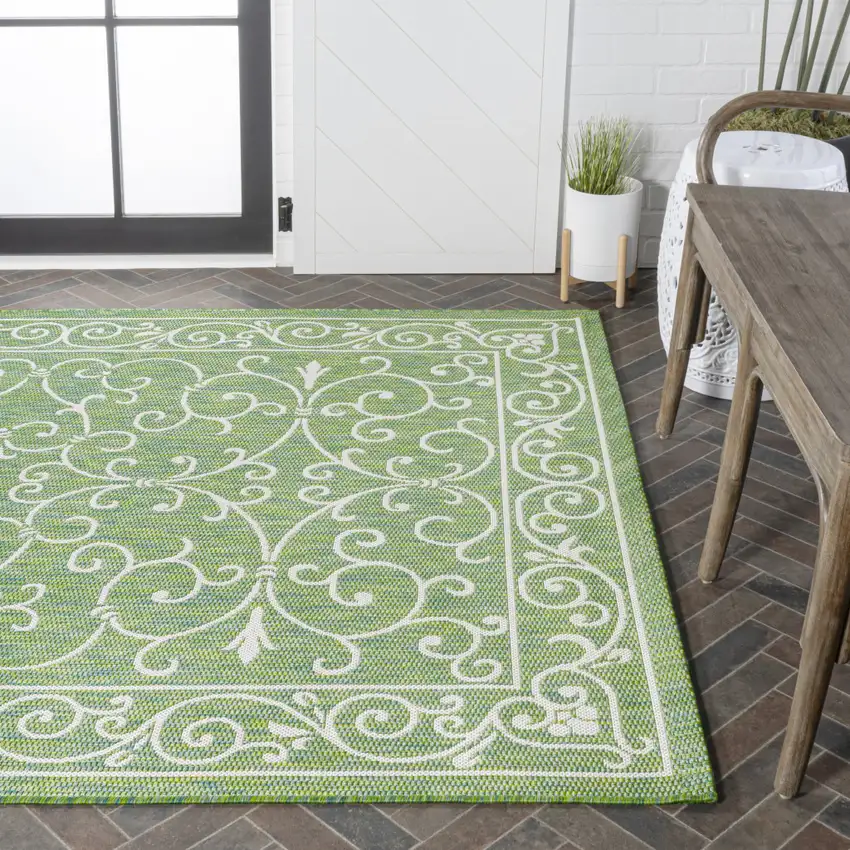 Green And Ivory Medallion Indoor Outdoor Area Rug Photo 9