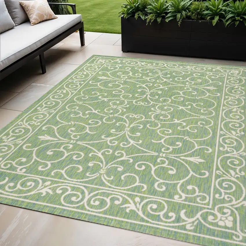 Green And Ivory Medallion Indoor Outdoor Area Rug Photo 1