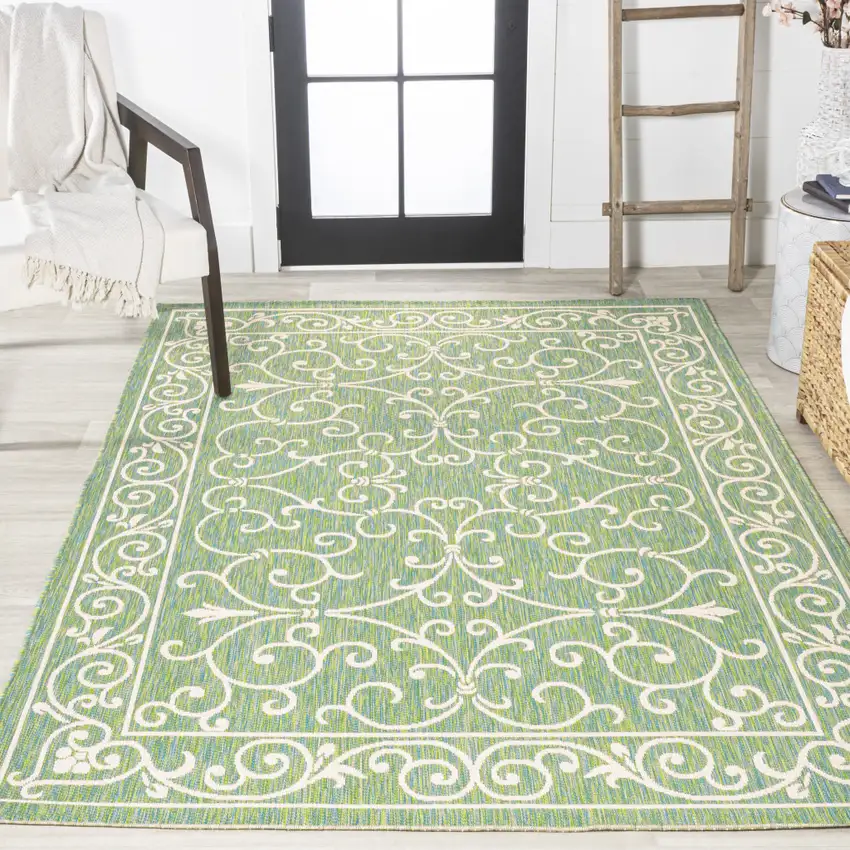Green And Ivory Medallion Indoor Outdoor Area Rug Photo 7