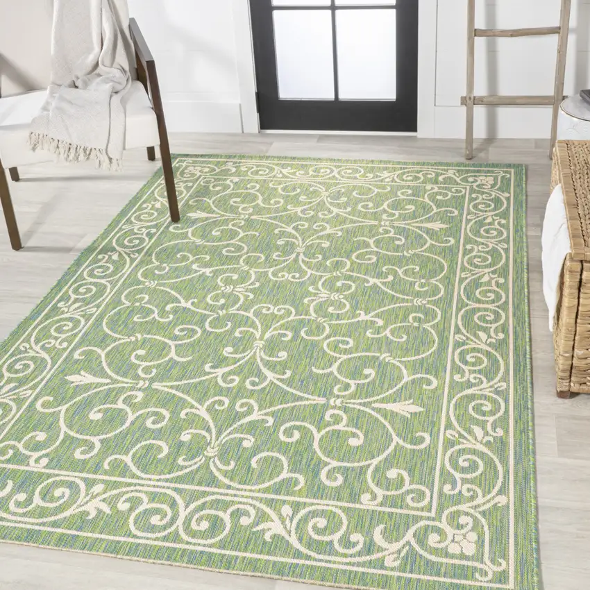 Green And Ivory Medallion Indoor Outdoor Area Rug Photo 5