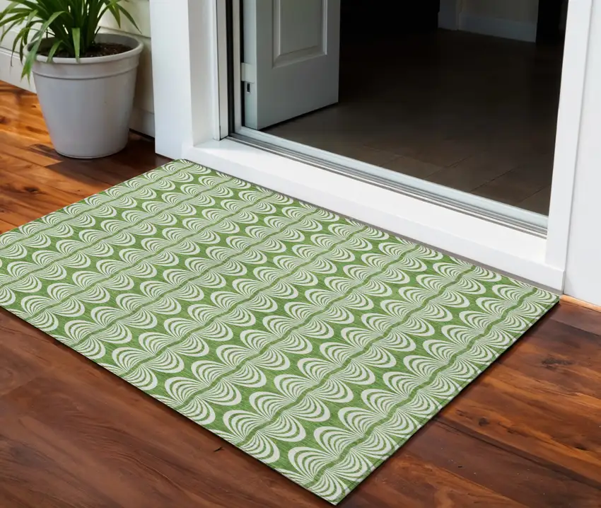 Green And Ivory Ogee Washable Indoor Outdoor Area Rug Photo 1