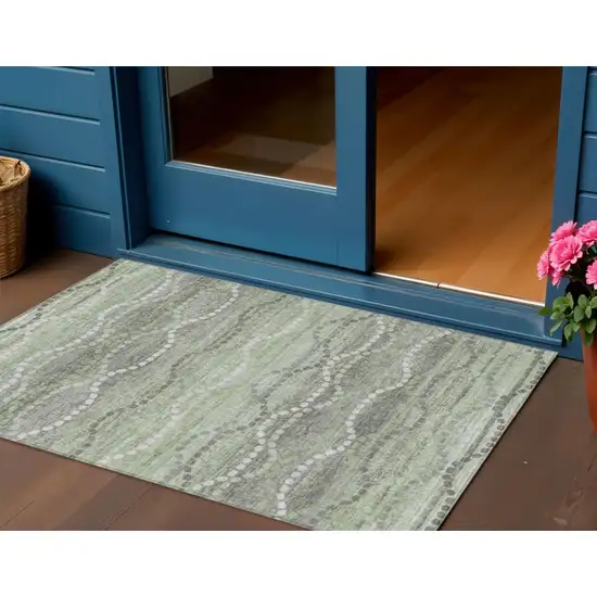 Green And Ivory Ogee Washable Indoor Outdoor Area Rug Photo 2