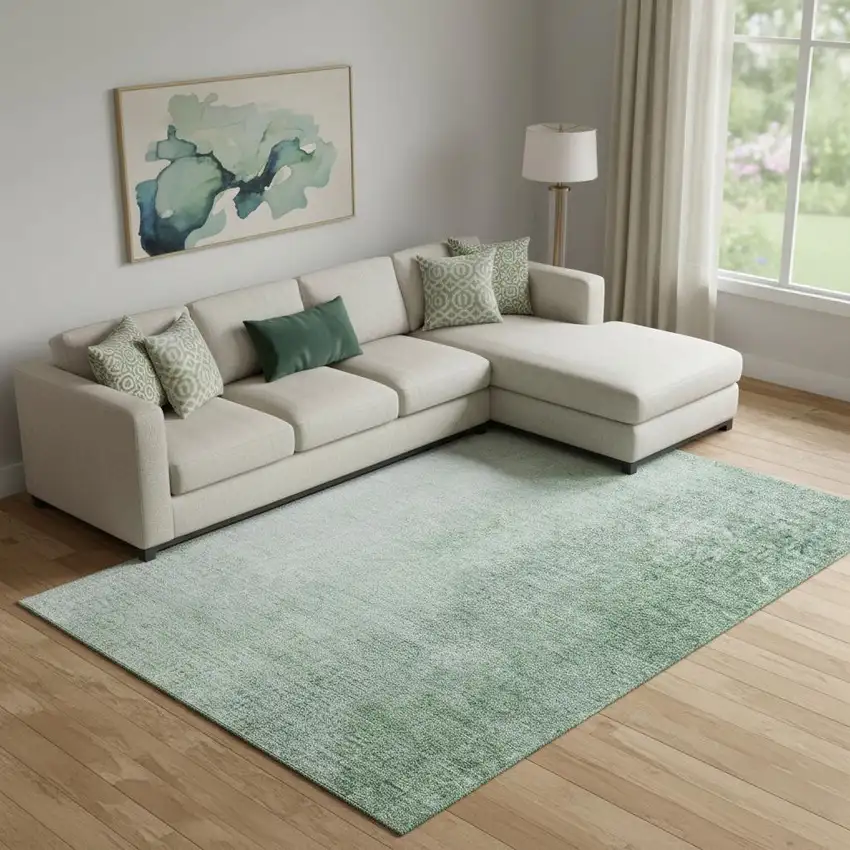 Green And Ivory Ombre Washable Area Rug With UV Protection Photo 1
