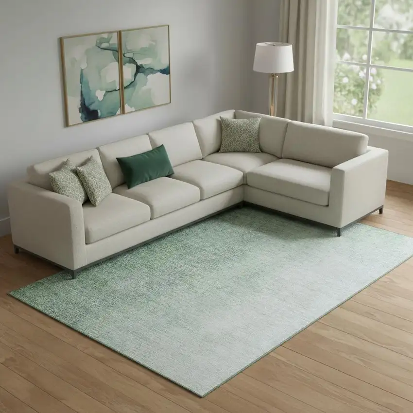 Green And Ivory Ombre Washable Area Rug With UV Protection Photo 1