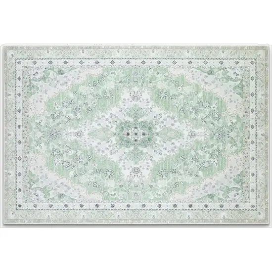 Green And Ivory Oriental Distressed Washable Area Rug Photo 2