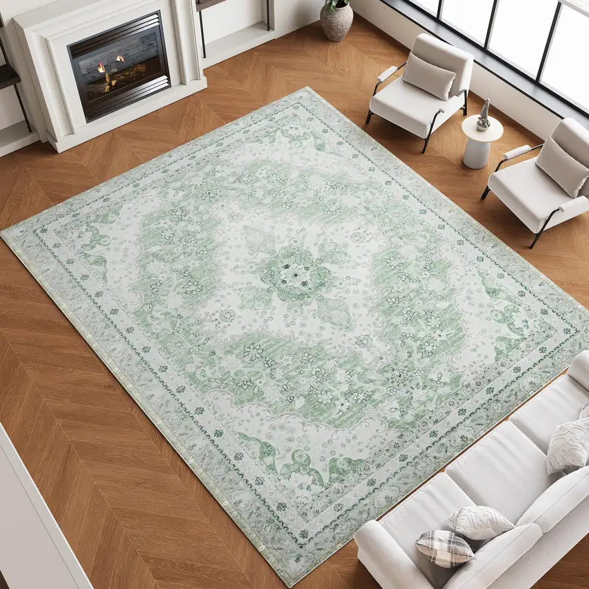Green And Ivory Oriental Distressed Washable Area Rug Photo 5