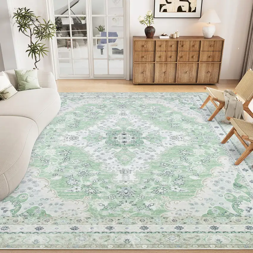 Green And Ivory Oriental Distressed Washable Area Rug Photo 6