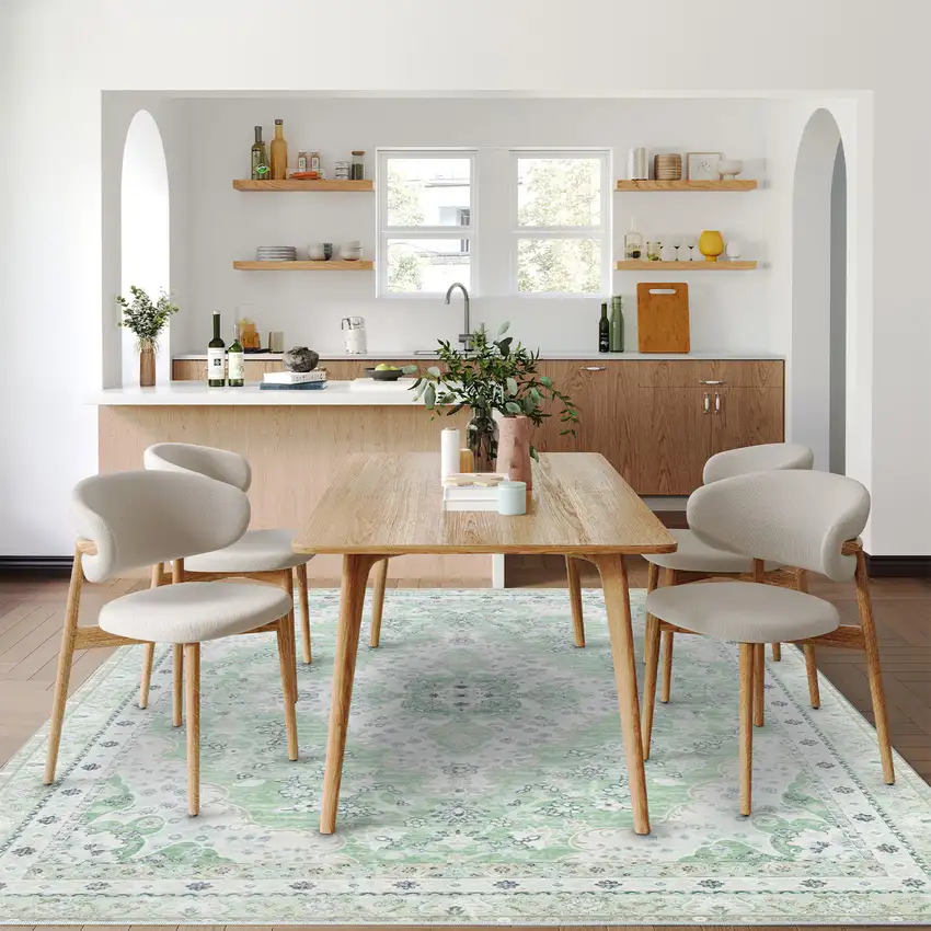 Green And Ivory Oriental Distressed Washable Area Rug Photo 7