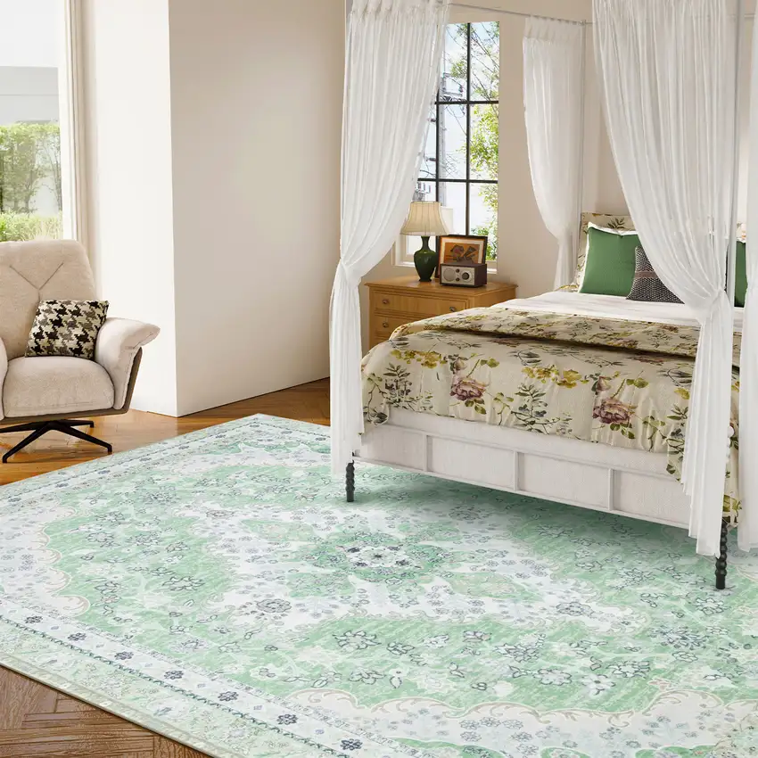 Green And Ivory Oriental Distressed Washable Area Rug Photo 4